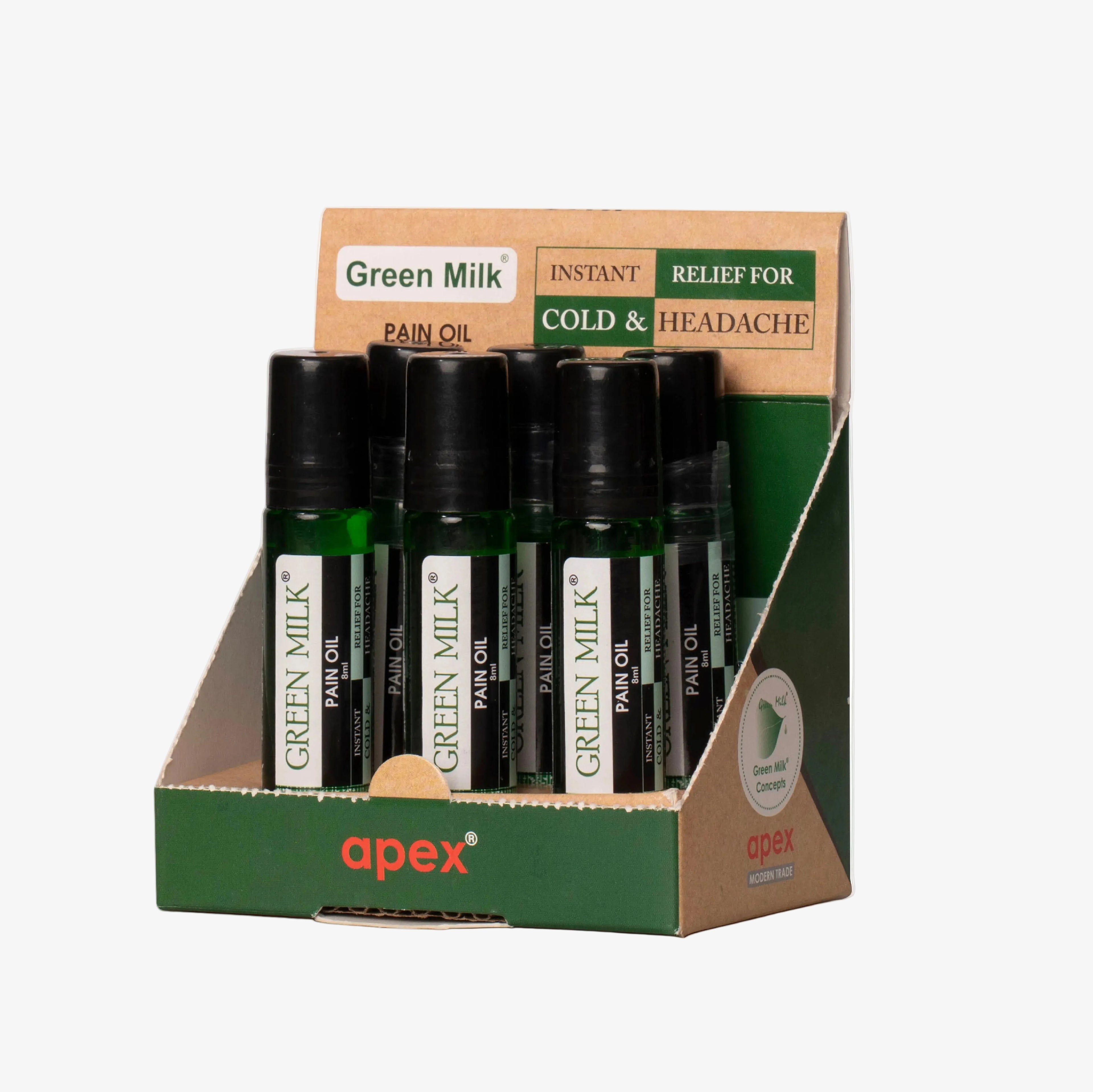 Display of Green Milk Pain Oil bottles with packaging on a white background