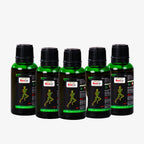 Five green bottles with black caps on a white background
