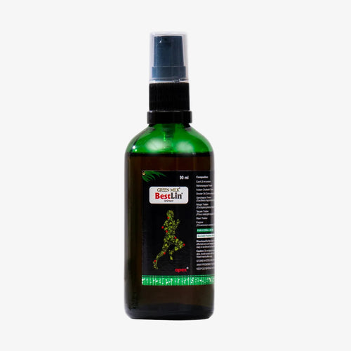 Green bottle with a black spray nozzle on a white background