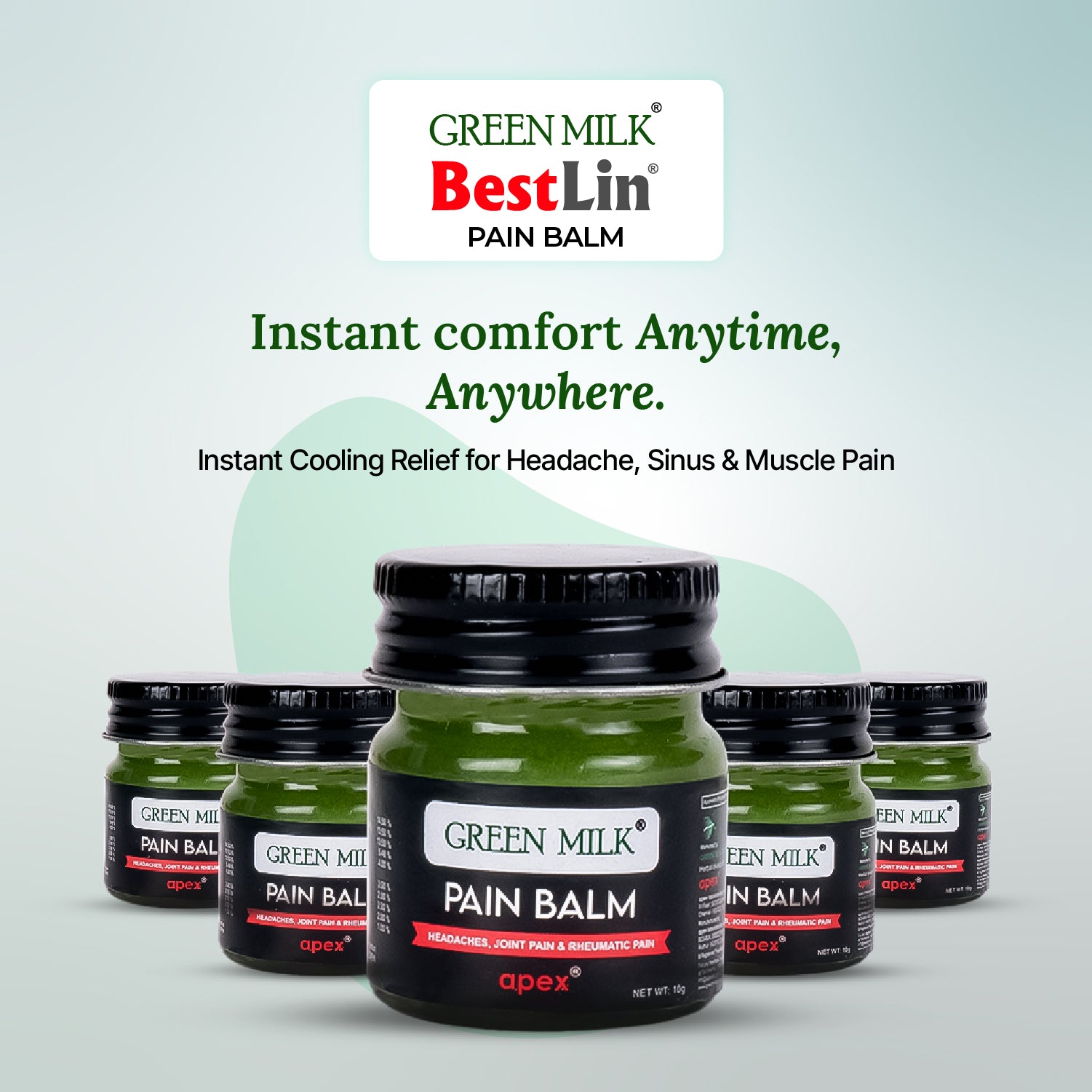 Green Milk Ayurvedic Fast Relief Pain Balm (Pack of 5)  – Natural Fast Relief for Headache, Sinus & Muscle Pain